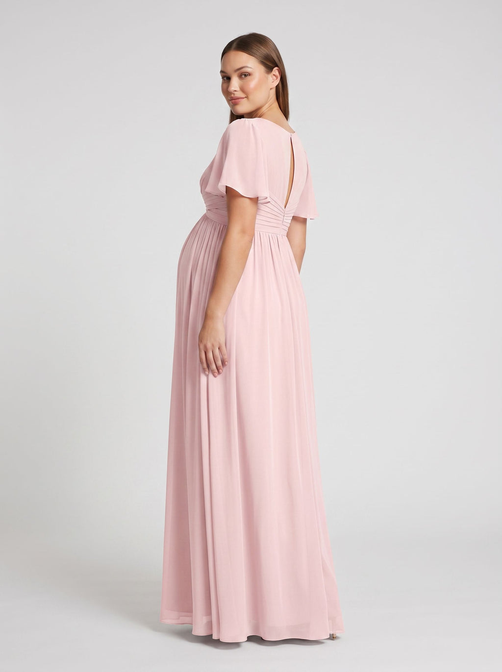 Blushing Pink Chiffon A-Line V-Neck Back Zip Ankle-Length Maternity Bridesmaid Dress