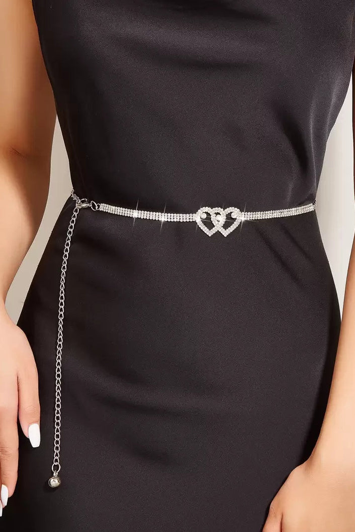 Silver Double Heart Rhinestone Waist Belt Sparkly Crystal Dress Belt