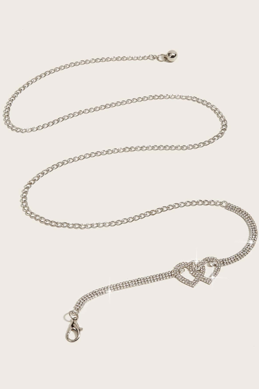 Silver Double Heart Rhinestone Waist Belt Sparkly Crystal Dress Belt