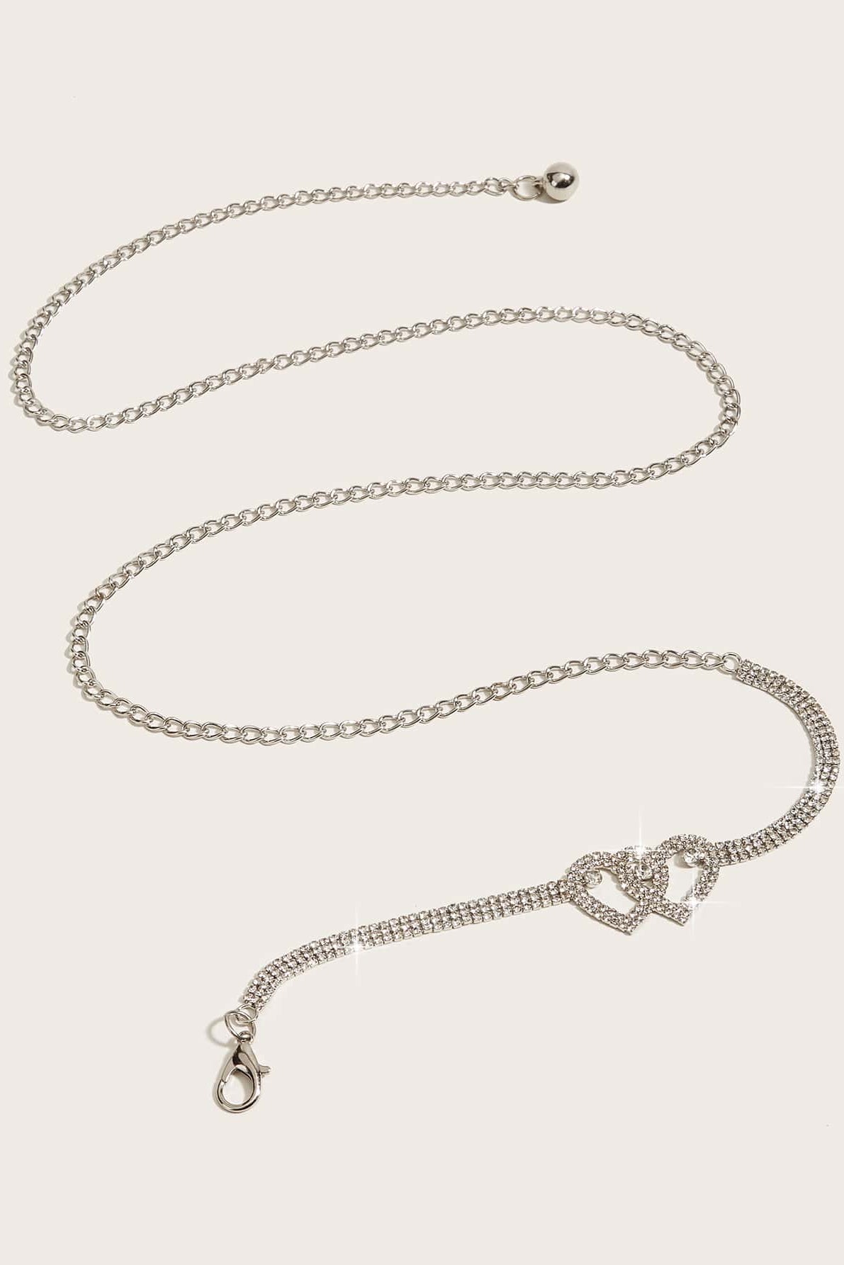Silver Double Heart Rhinestone Waist Belt Sparkly Crystal Dress Belt