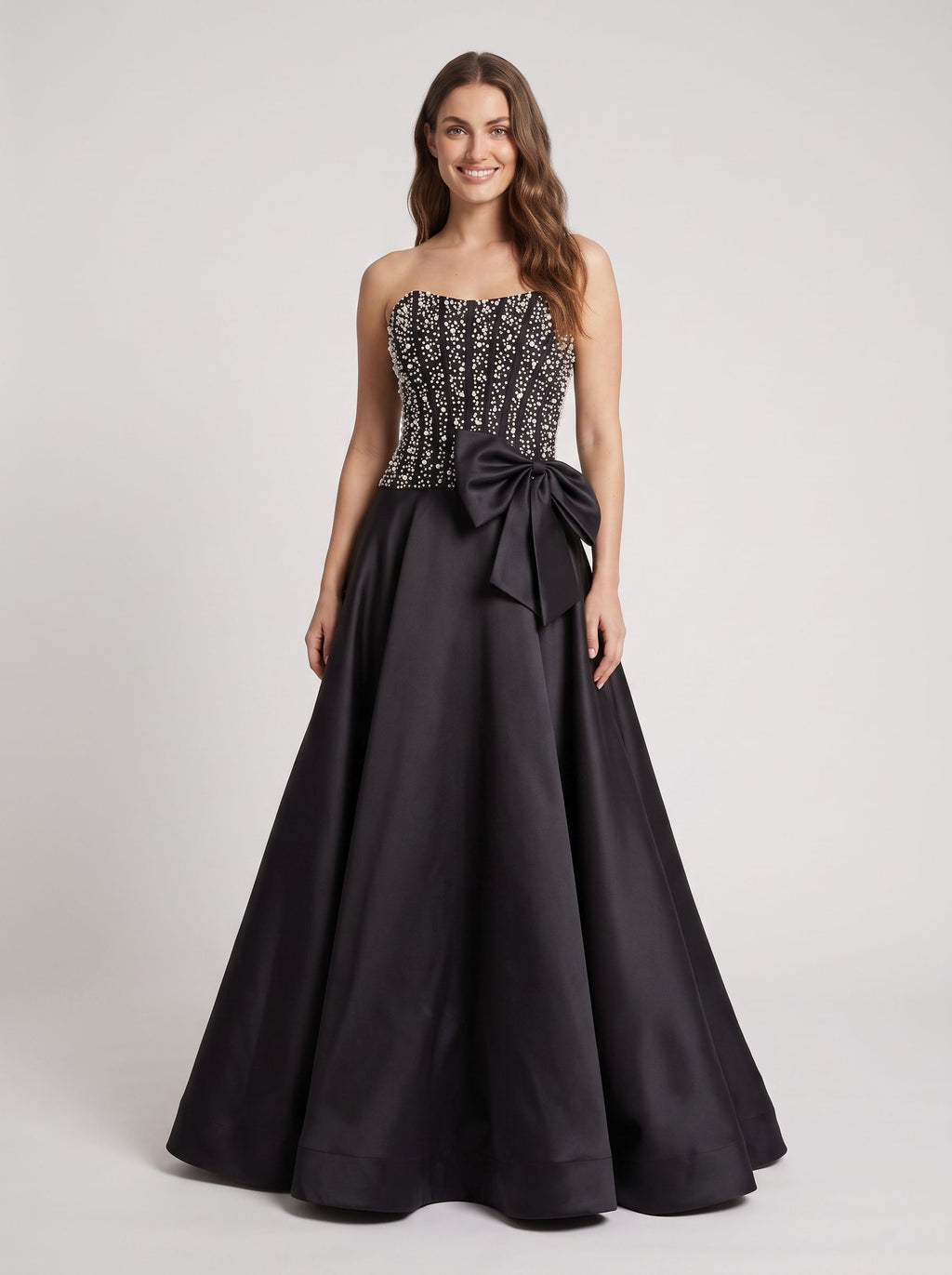 Black Satin A-Line Straight Neck Back Zip Floor-Length Dress with Beaded Bow
