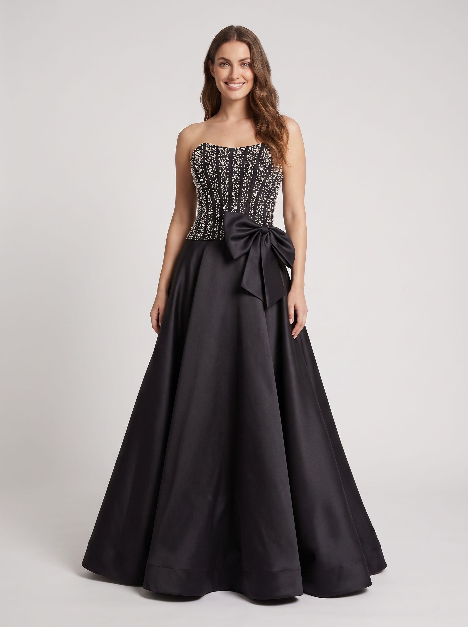 Black Satin A-Line Straight Neck Back Zip Floor-Length Dress with Beaded Bow
