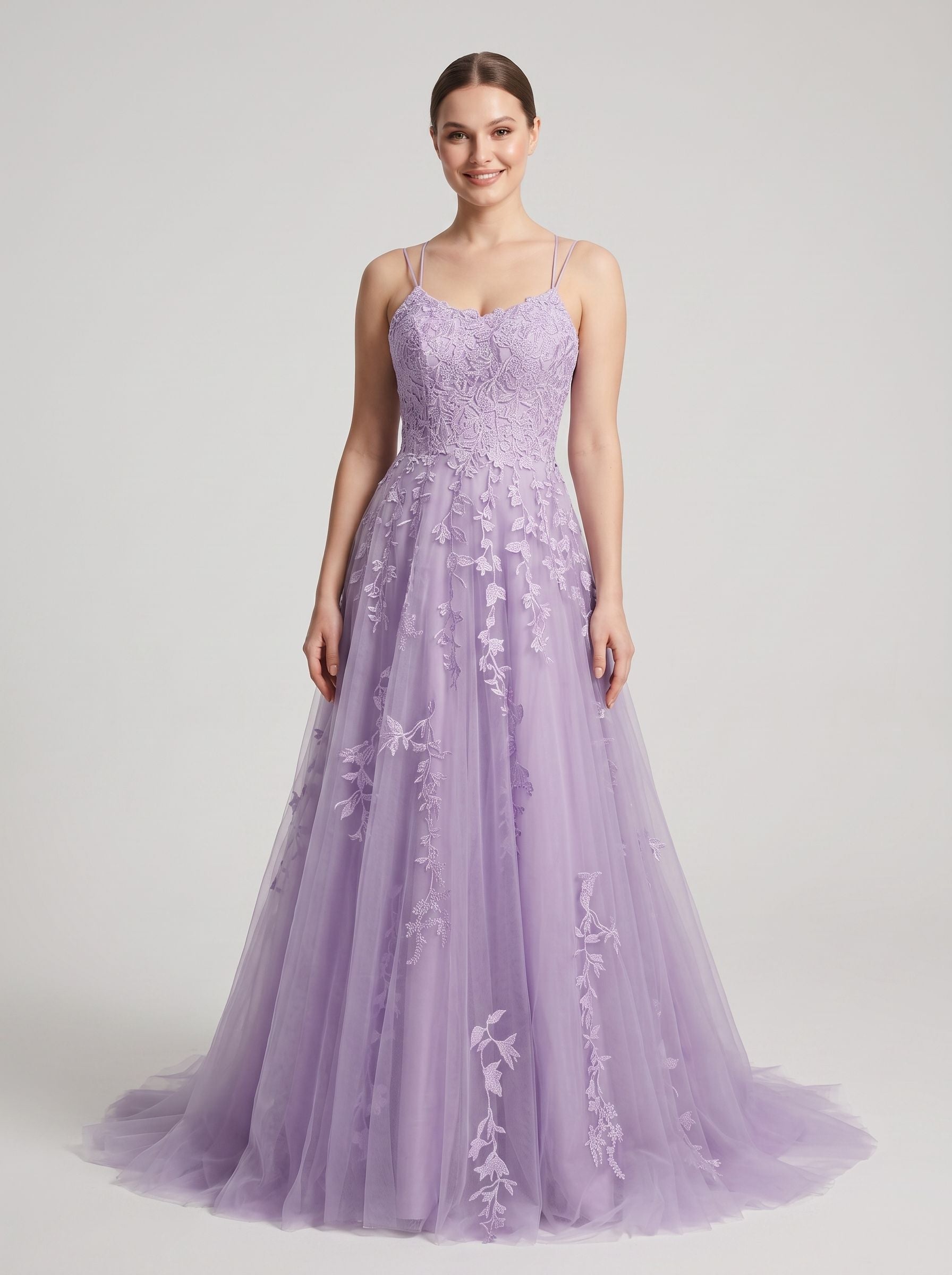 Lilac Tulle A-Line V-Neck Lace-up Floor-Length Dress with Floral Appliques