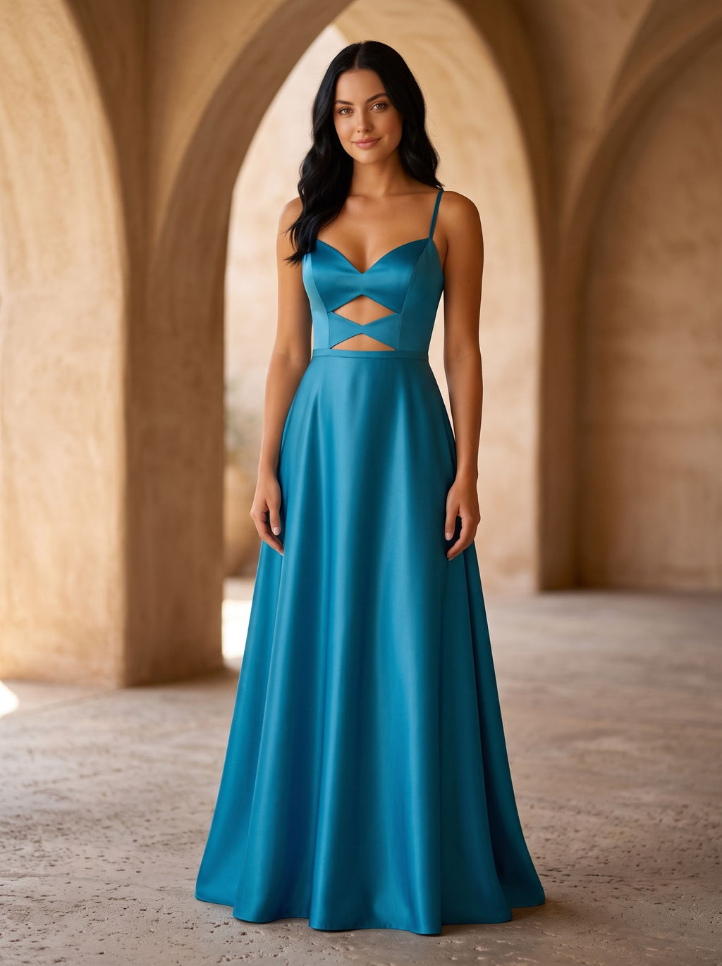Peacock Blue Satin A-Line V-Neck Back Zip Floor-Length Dress with Spaghetti Straps