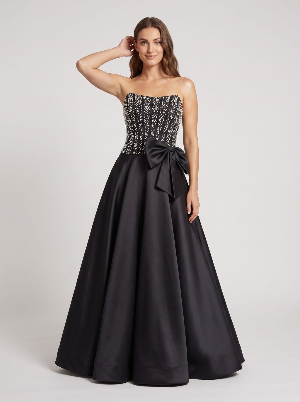 Black Satin A-Line Straight Neck Back Zip Floor-Length Dress with Beaded Bow