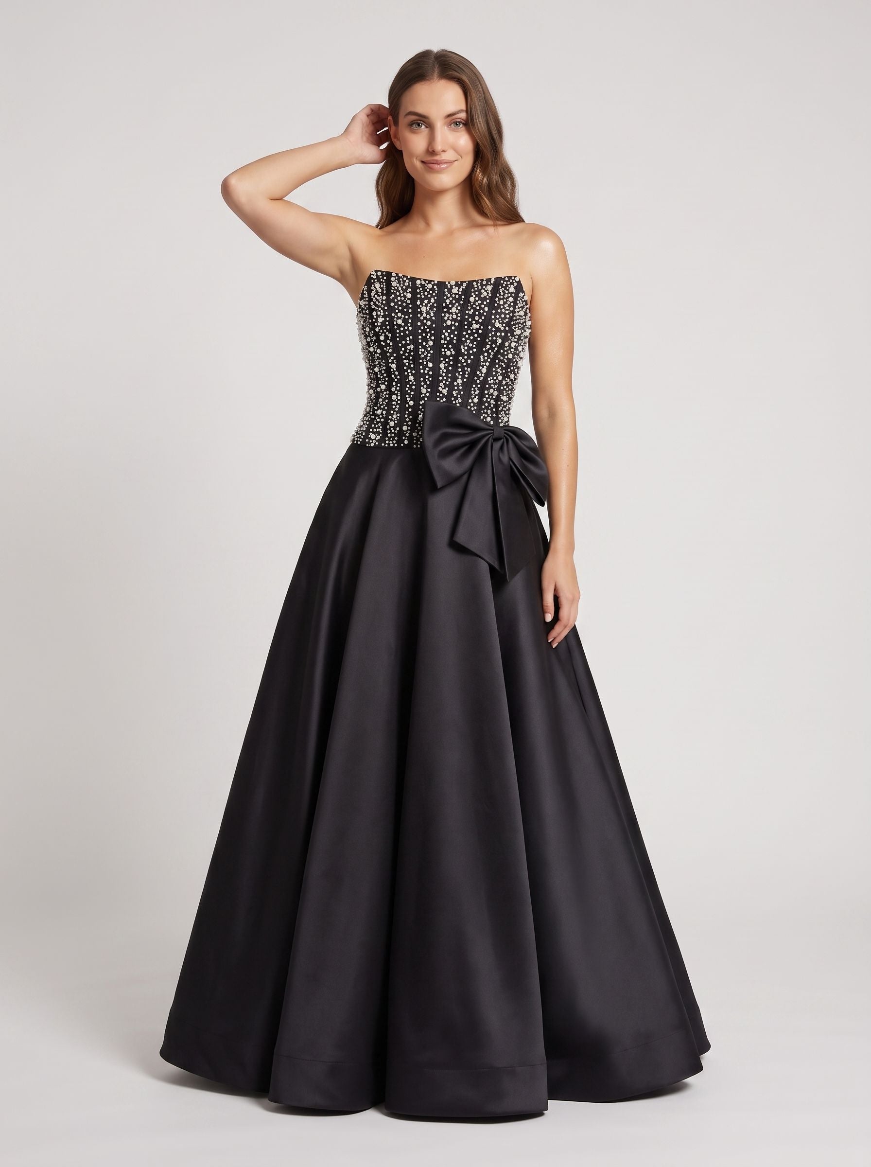 Black Satin A-Line Straight Neck Back Zip Floor-Length Dress with Beaded Bow