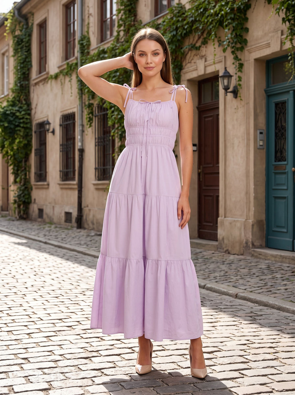 Lavender Matte Satin A-Line Square Neck Backless Ankle-Length Dress with Tiered Skirt and Adjustable Straps