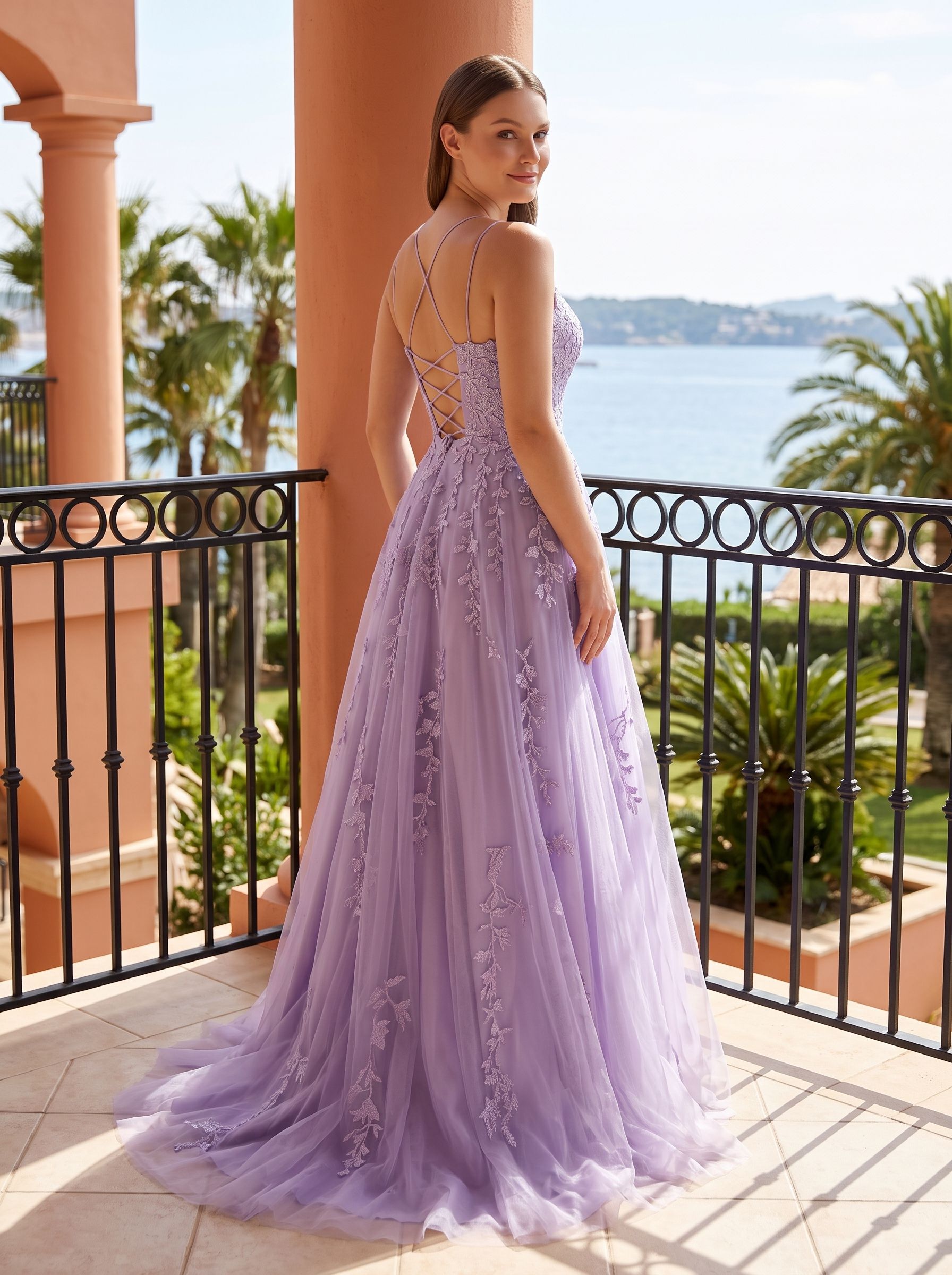 Lilac Tulle A-Line V-Neck Lace-up Floor-Length Dress with Floral Appliques