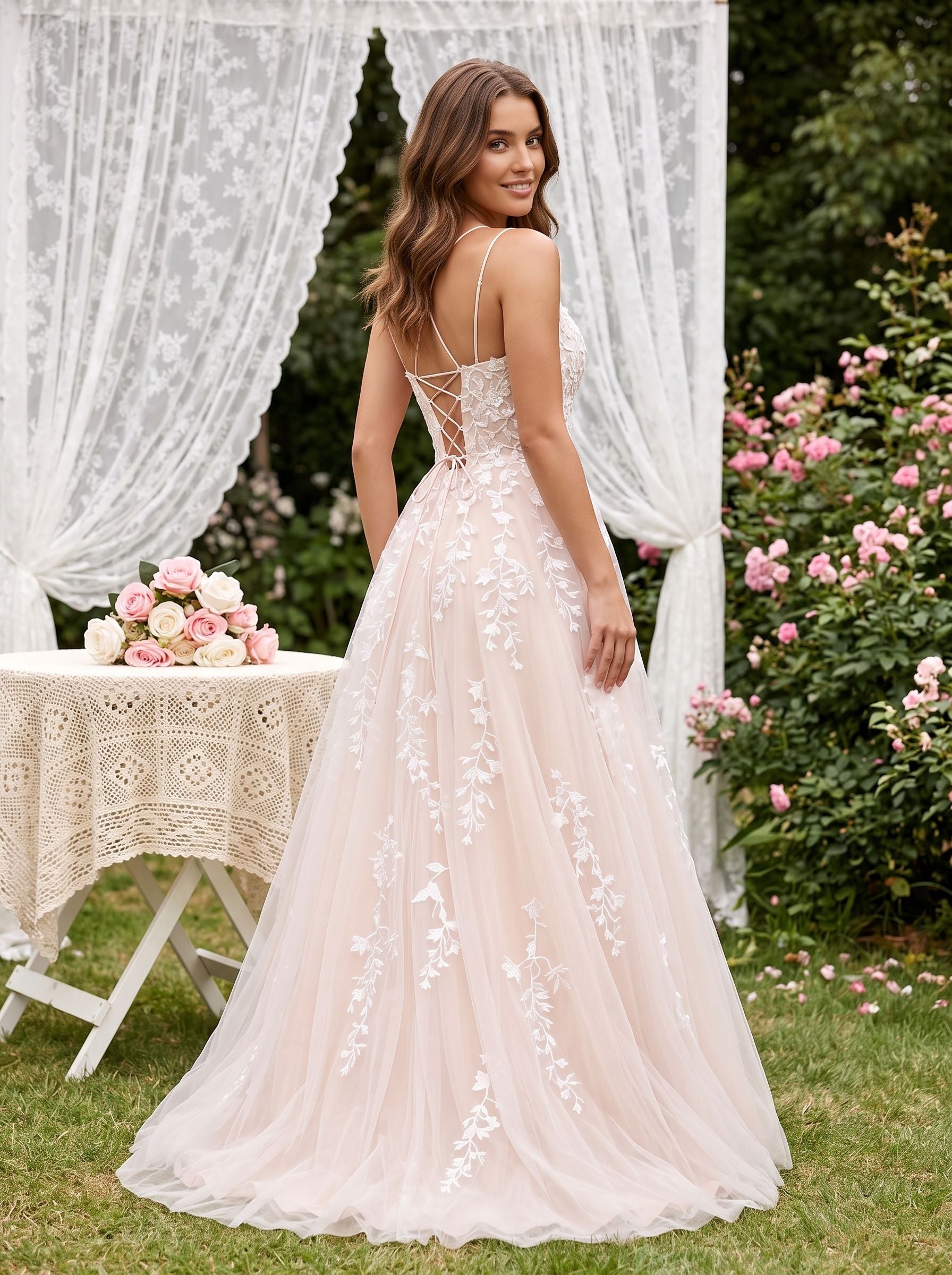 Blushing Pink Tulle A-Line Scoop Neck Lace-up Floor-Length Dress with Ruching