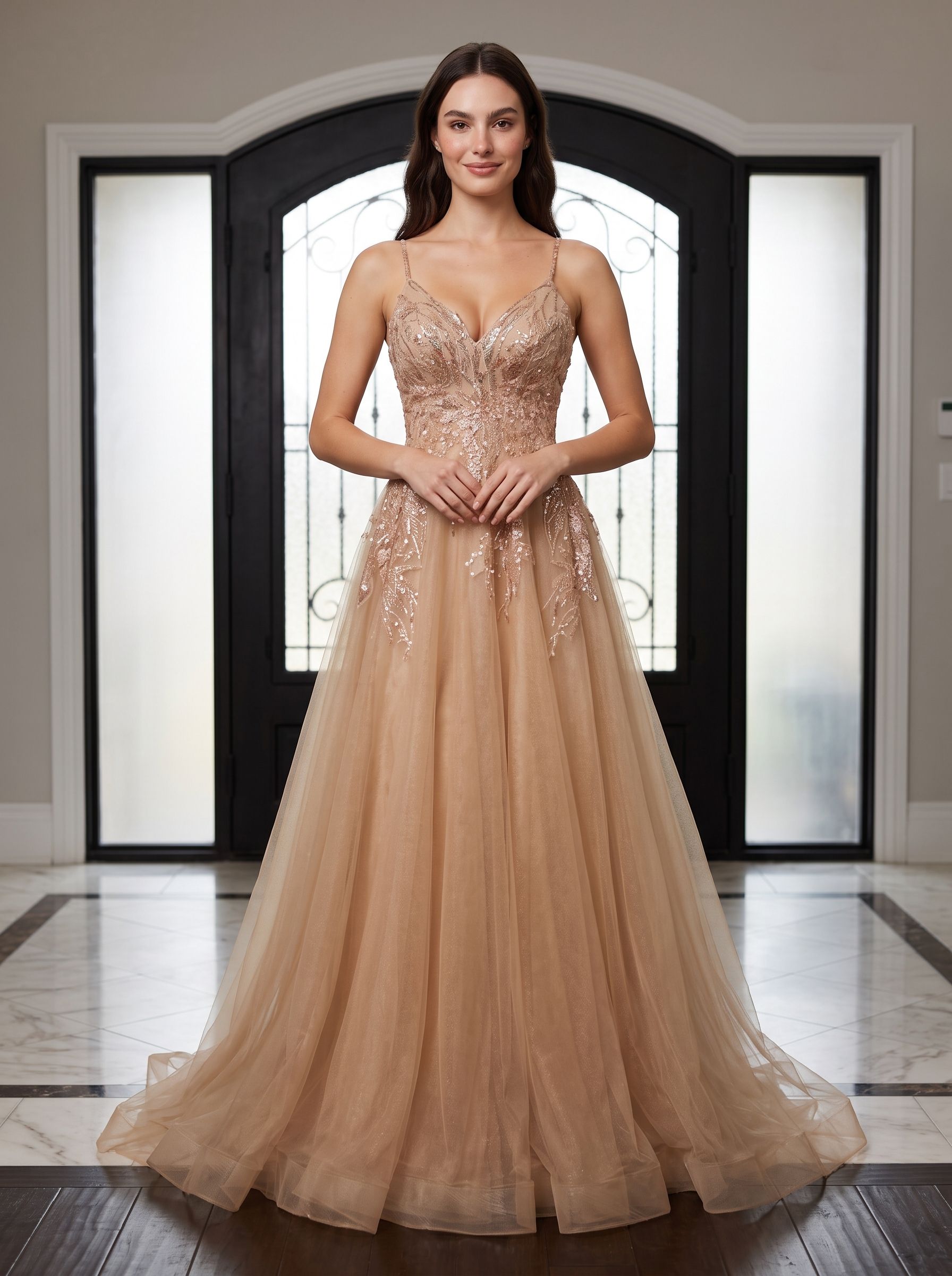 Champagne Tulle A-Line V-Neck Lace-up Floor-Length Dress with Beaded Corset