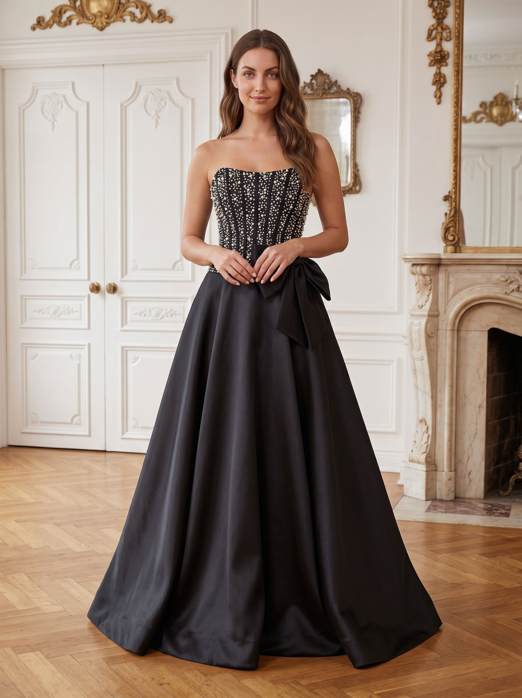 Black Satin A-Line Straight Neck Back Zip Floor-Length Dress with Beaded Bow