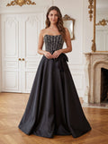 Black Satin A-Line Straight Neck Back Zip Floor-Length Dress with Beaded Bow