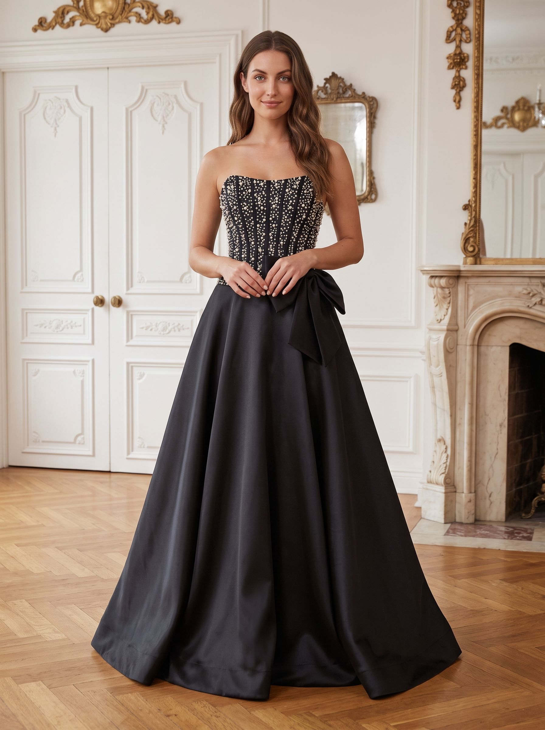 Black Satin A-Line Straight Neck Back Zip Floor-Length Dress with Beaded Bow