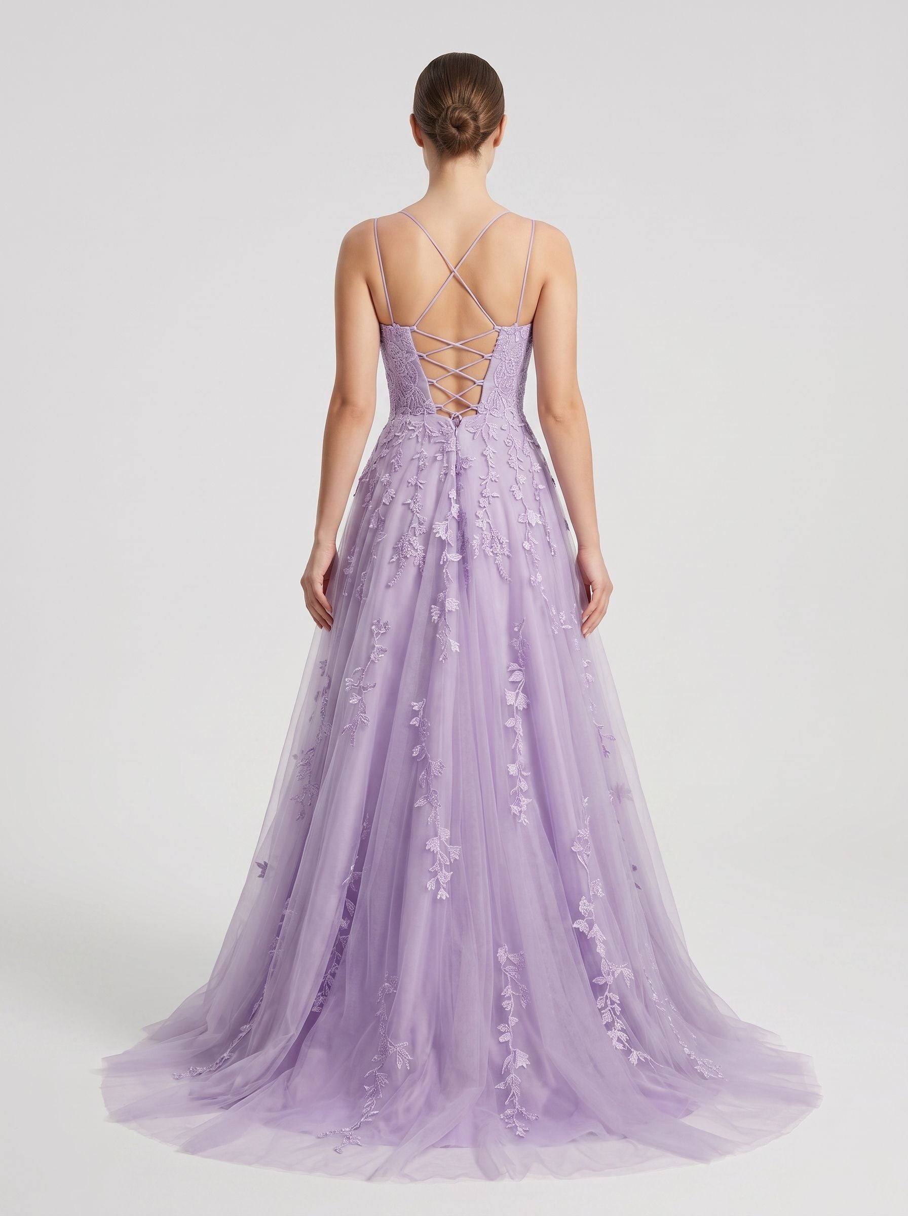 Lilac Tulle A-Line V-Neck Lace-up Floor-Length Dress with Floral Appliques
