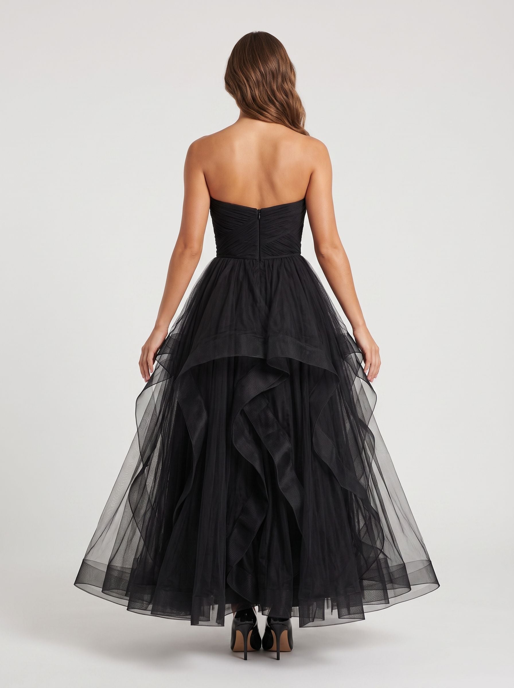 Black Tulle A-Line Sweetheart Back Zip Floor-Length Dress with Ruching and Drape