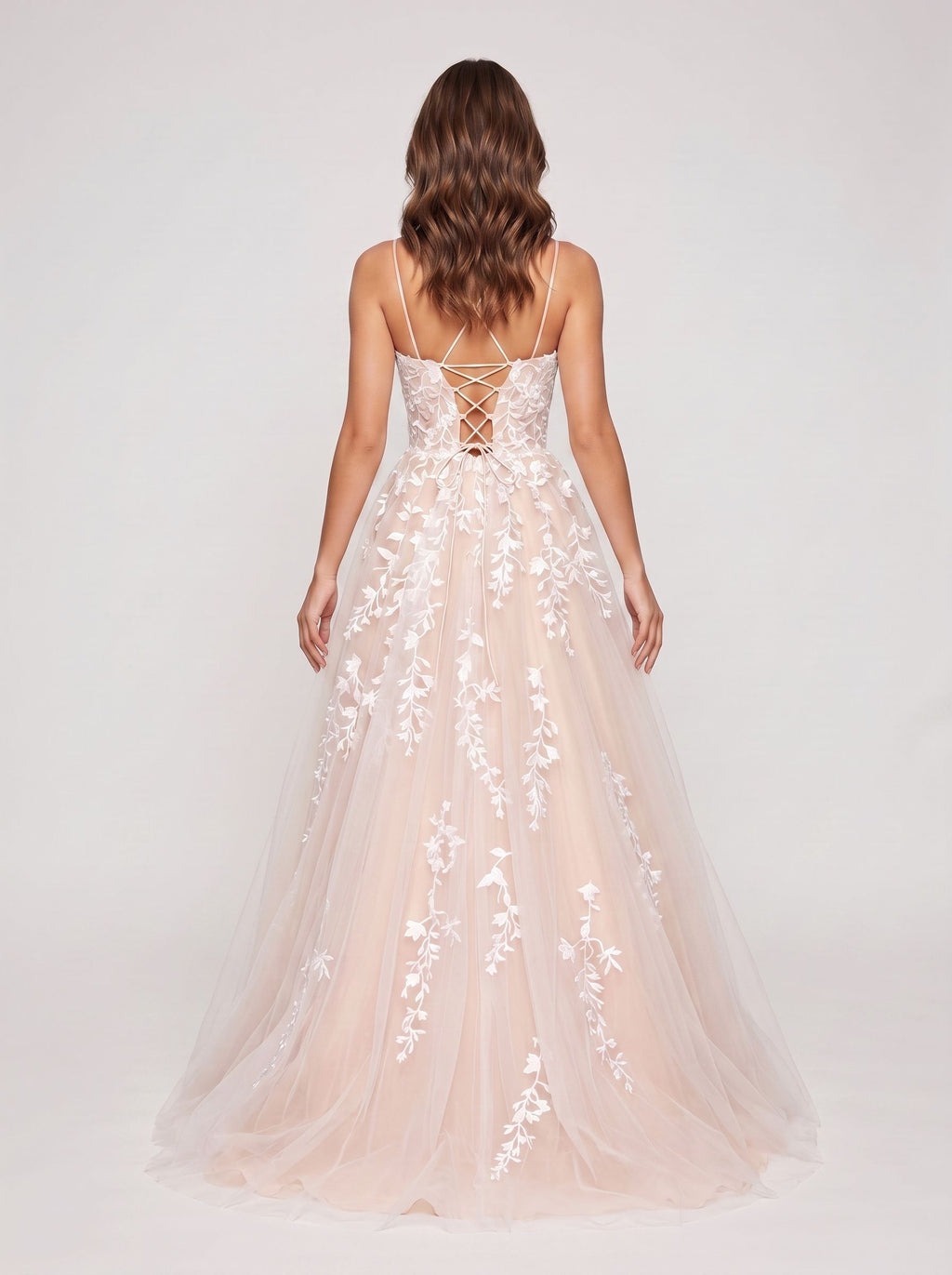 Blushing Pink Tulle A-Line Scoop Neck Lace-up Floor-Length Dress with Ruching