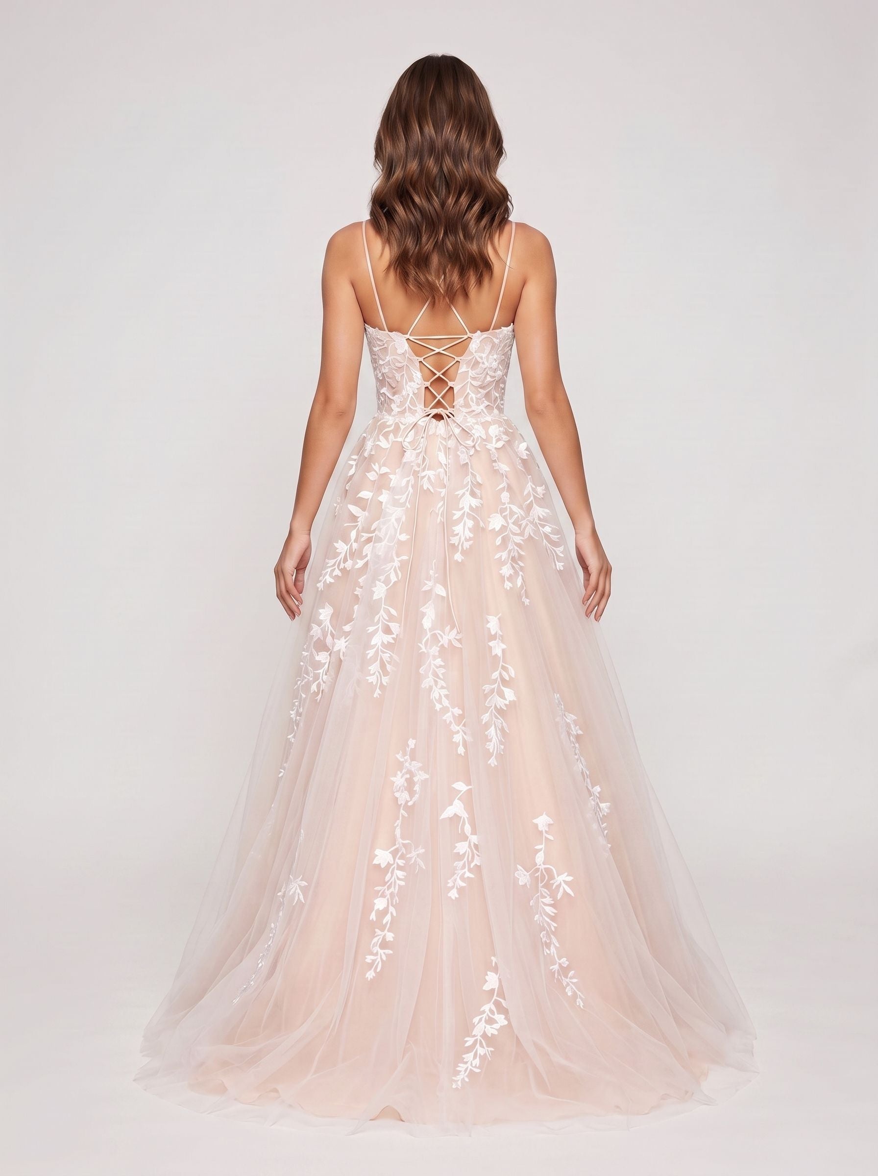 Blushing Pink Tulle A-Line Scoop Neck Lace-up Floor-Length Dress with Ruching