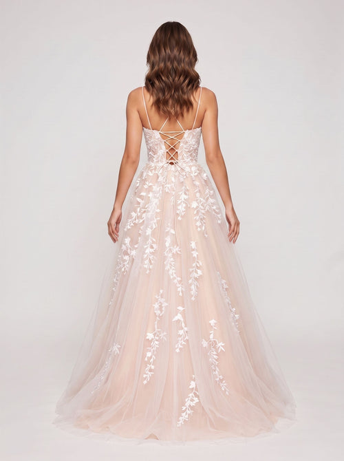Blushing Pink Tulle A-Line Scoop Neck Lace-up Floor-Length Dress with Ruching