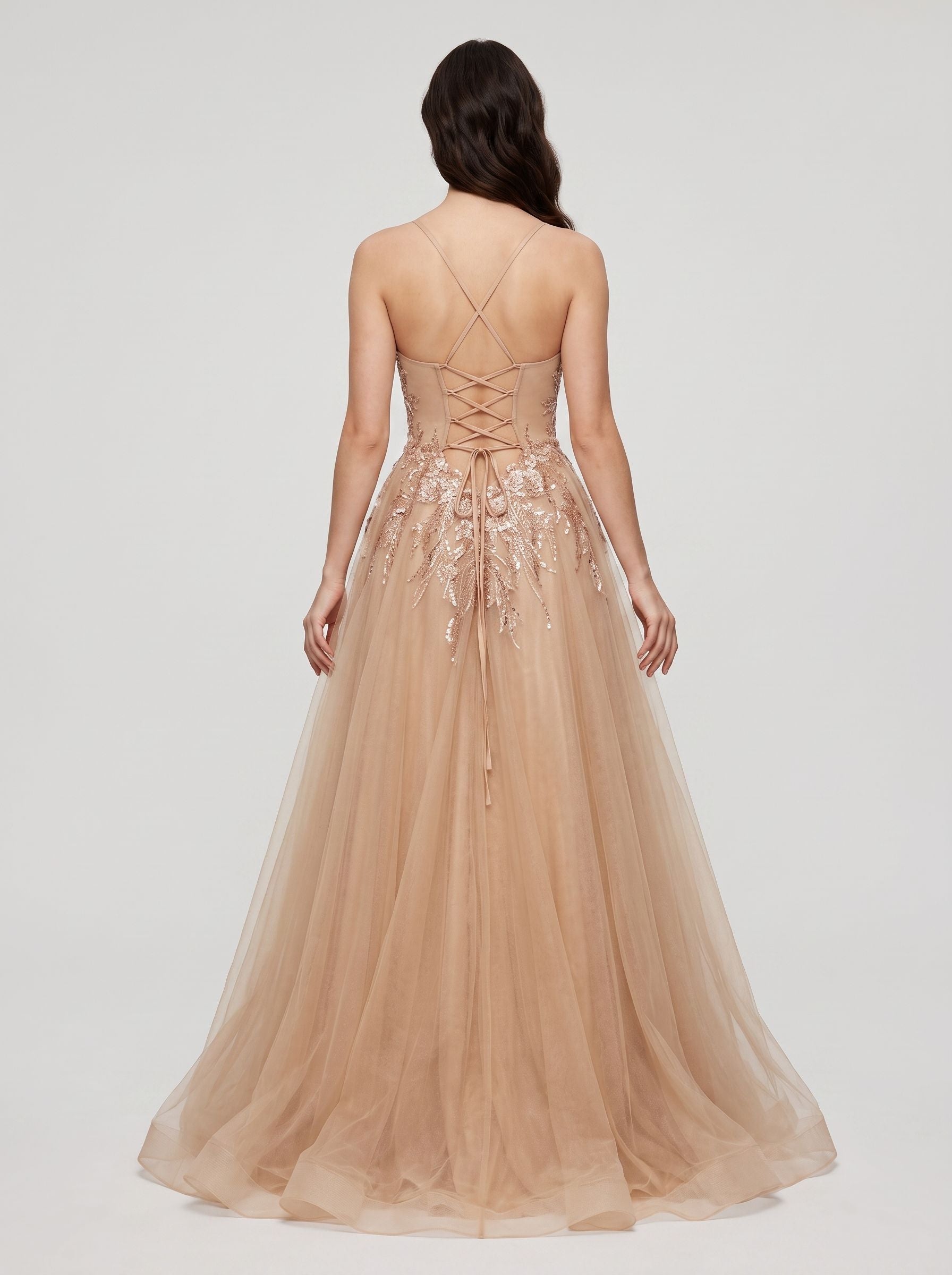 Champagne Tulle A-Line V-Neck Lace-up Floor-Length Dress with Beaded Corset