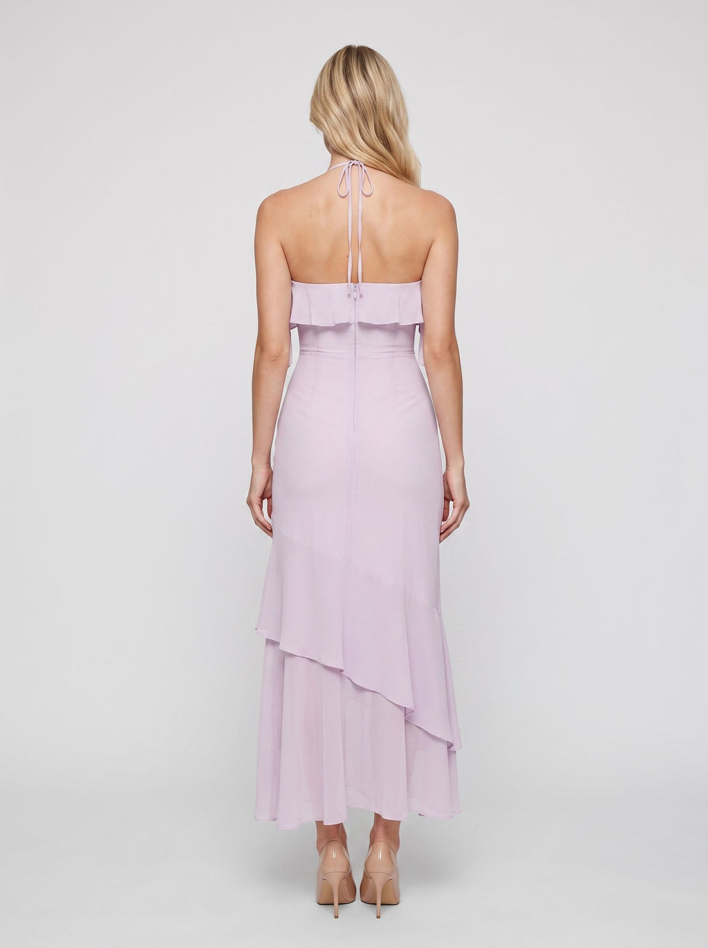 Lilac Chiffon Sheath Halter neckline Backless Floor-Length Dress with Tiered Hem