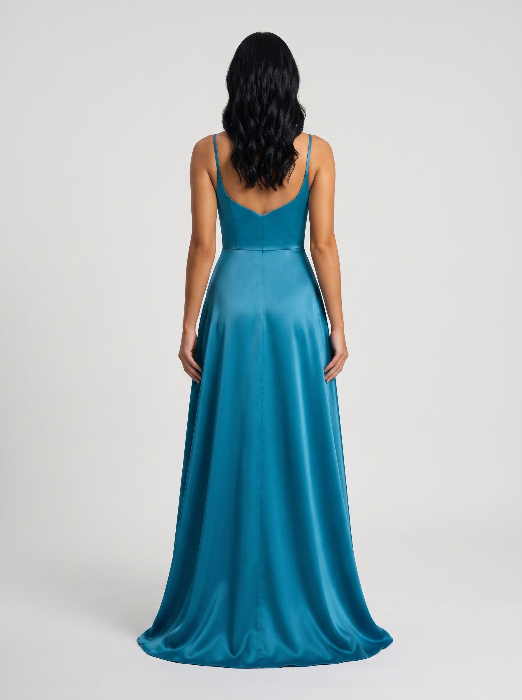 Peacock Blue Satin A-Line V-Neck Back Zip Floor-Length Dress with Spaghetti Straps