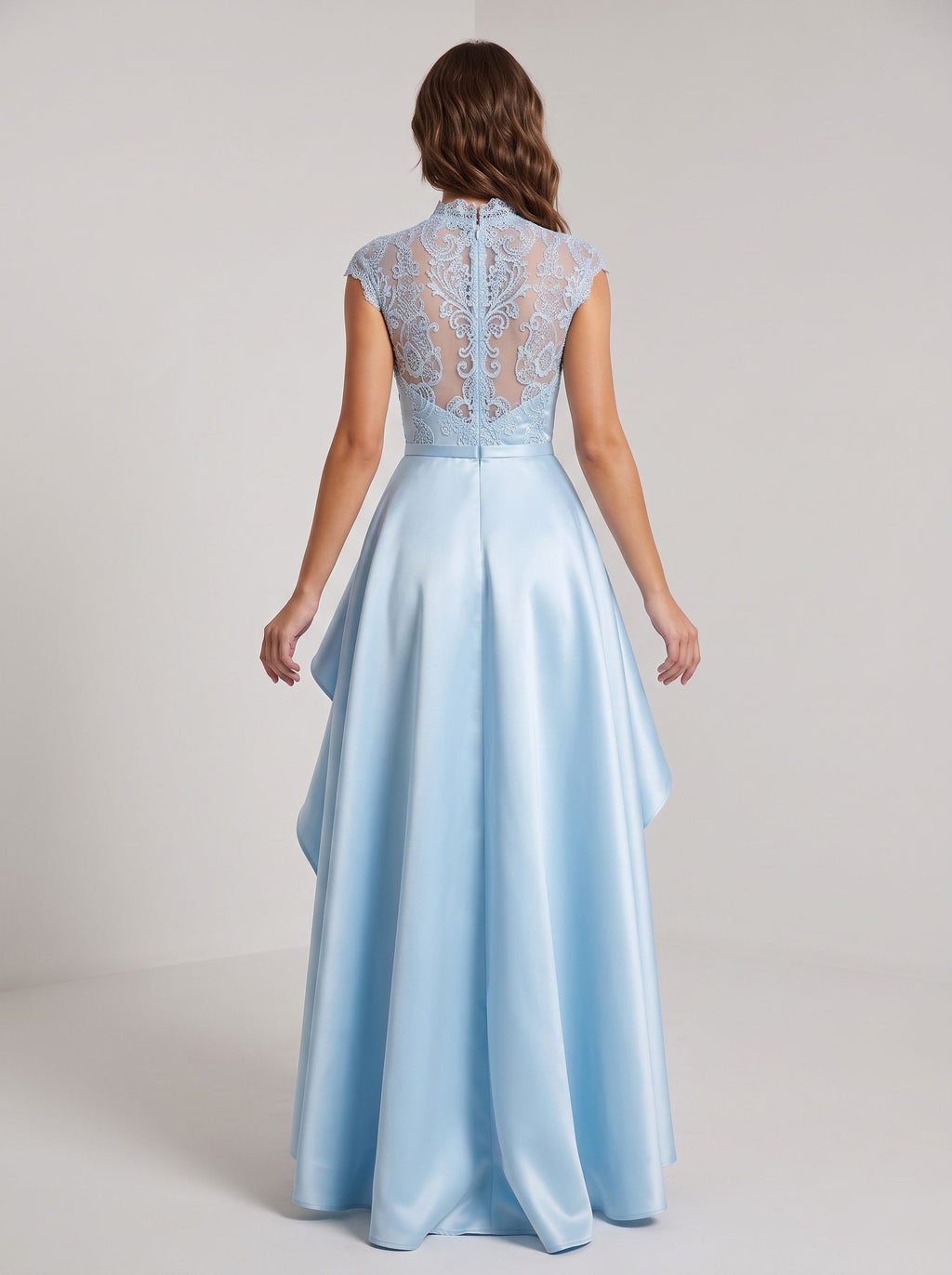 Sky Blue Satin A-Line Scoop Neck Back Zip Floor-Length Dress with Lace Applique Bodice and Side Slit