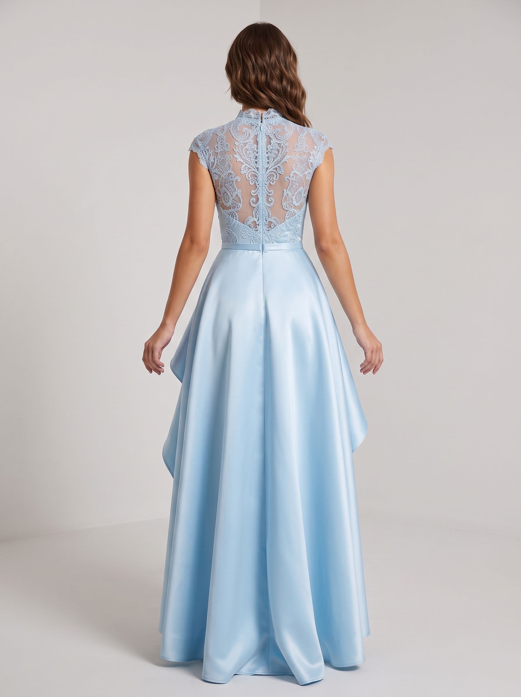 Sky Blue Satin A-Line Scoop Neck Back Zip Floor-Length Dress with Lace Applique Bodice and Side Slit