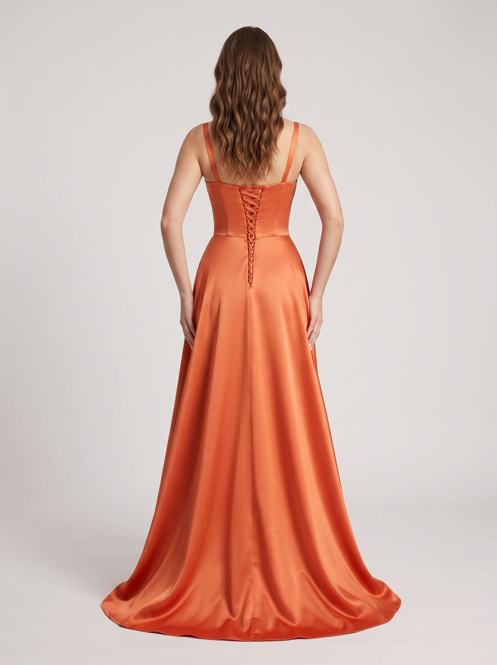 Orange Satin A-Line V-Neck Lace-up Floor-Length Dress with Pleated Bodice