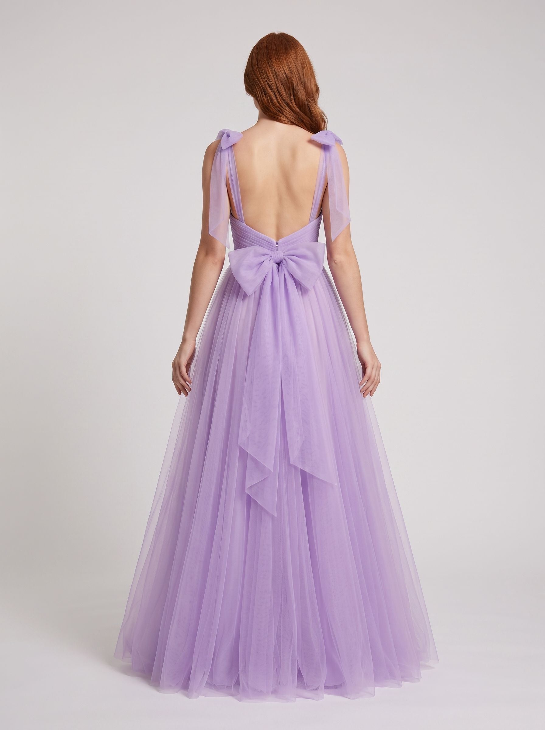 Lavender Tulle A-Line Sweetheart Backless Floor-Length Dress with Bow Shoulder Ties