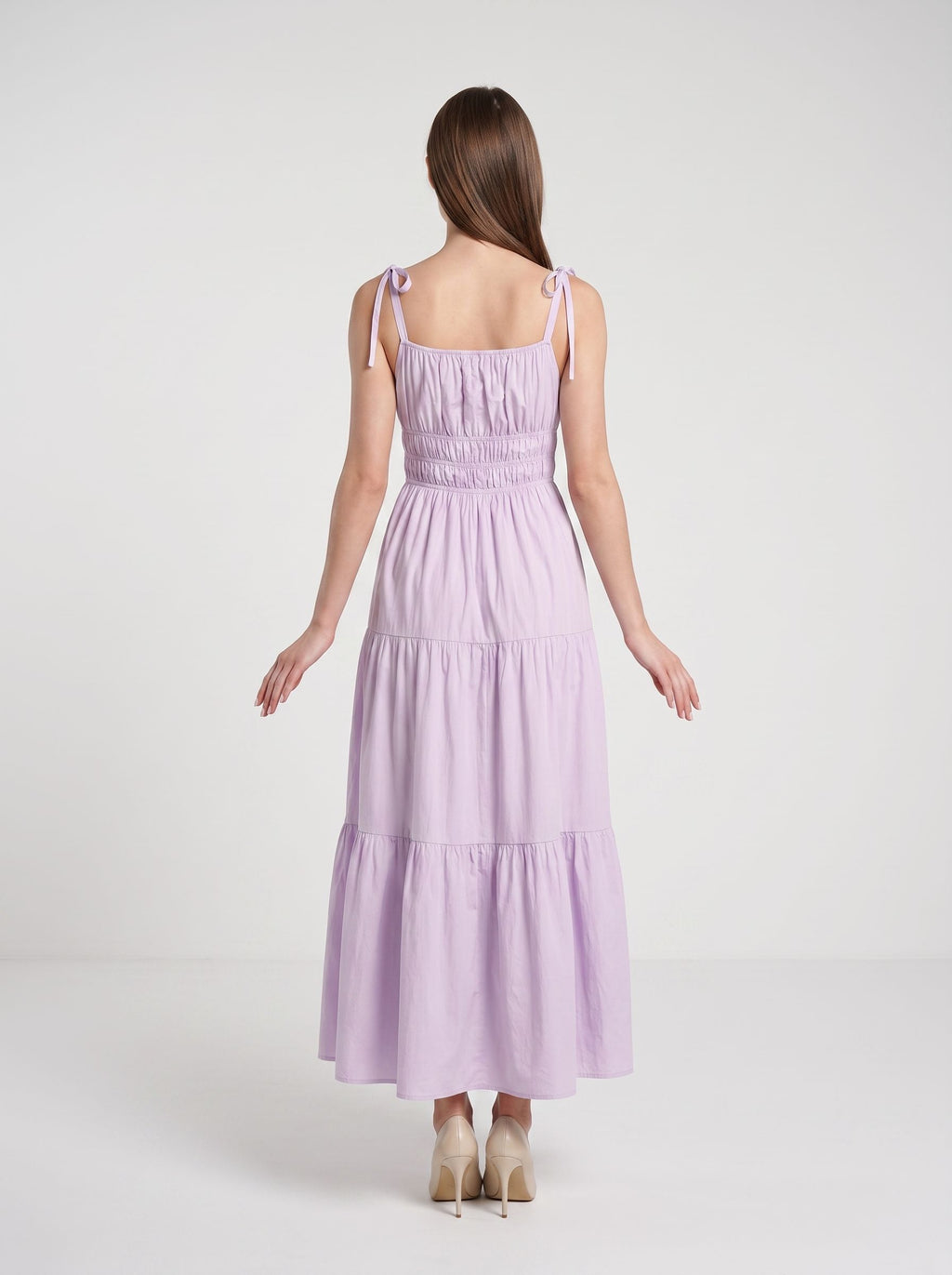 Lavender Matte Satin A-Line Square Neck Backless Ankle-Length Dress with Tiered Skirt and Adjustable Straps
