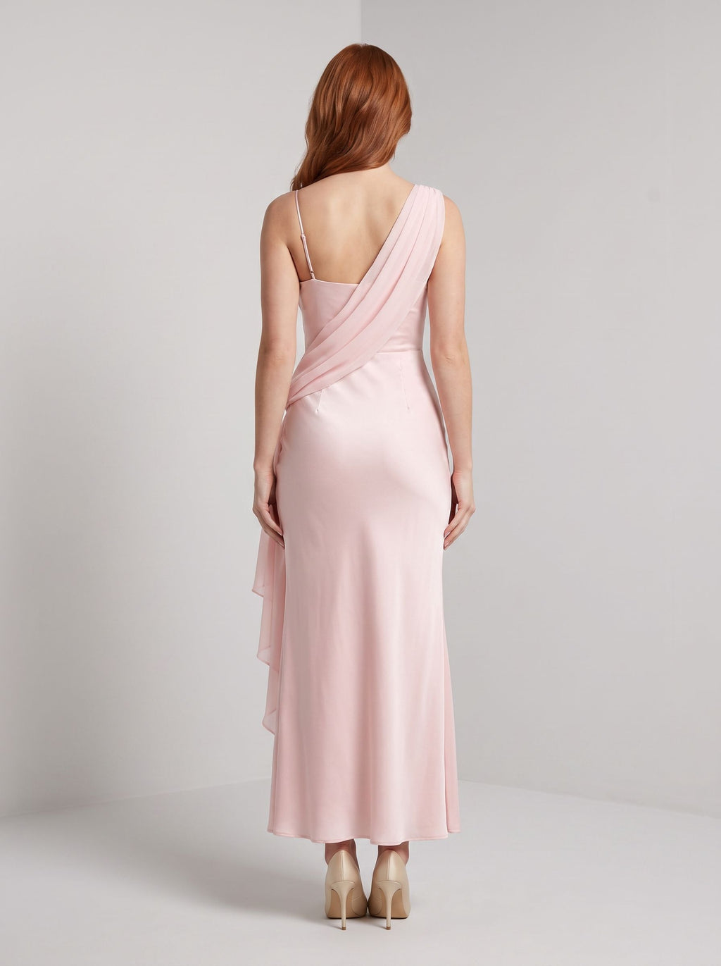 Blushing Pink Satin Sheath One Shoulder Side Zip Floor-Length Dress with Draped Sash