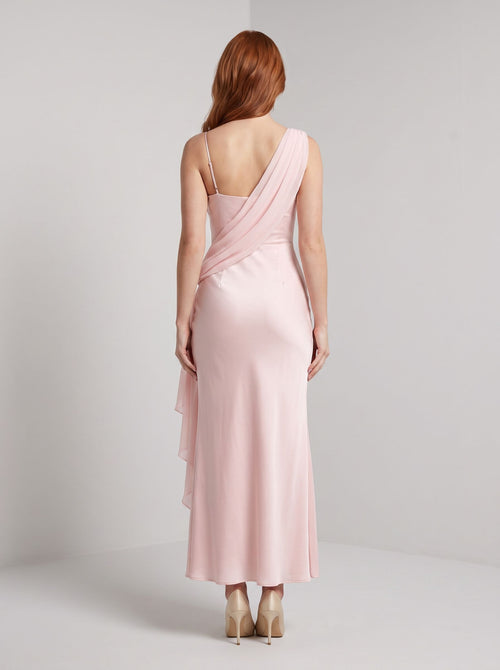 Blushing Pink Satin Sheath One Shoulder Side Zip Floor-Length Dress with Draped Sash