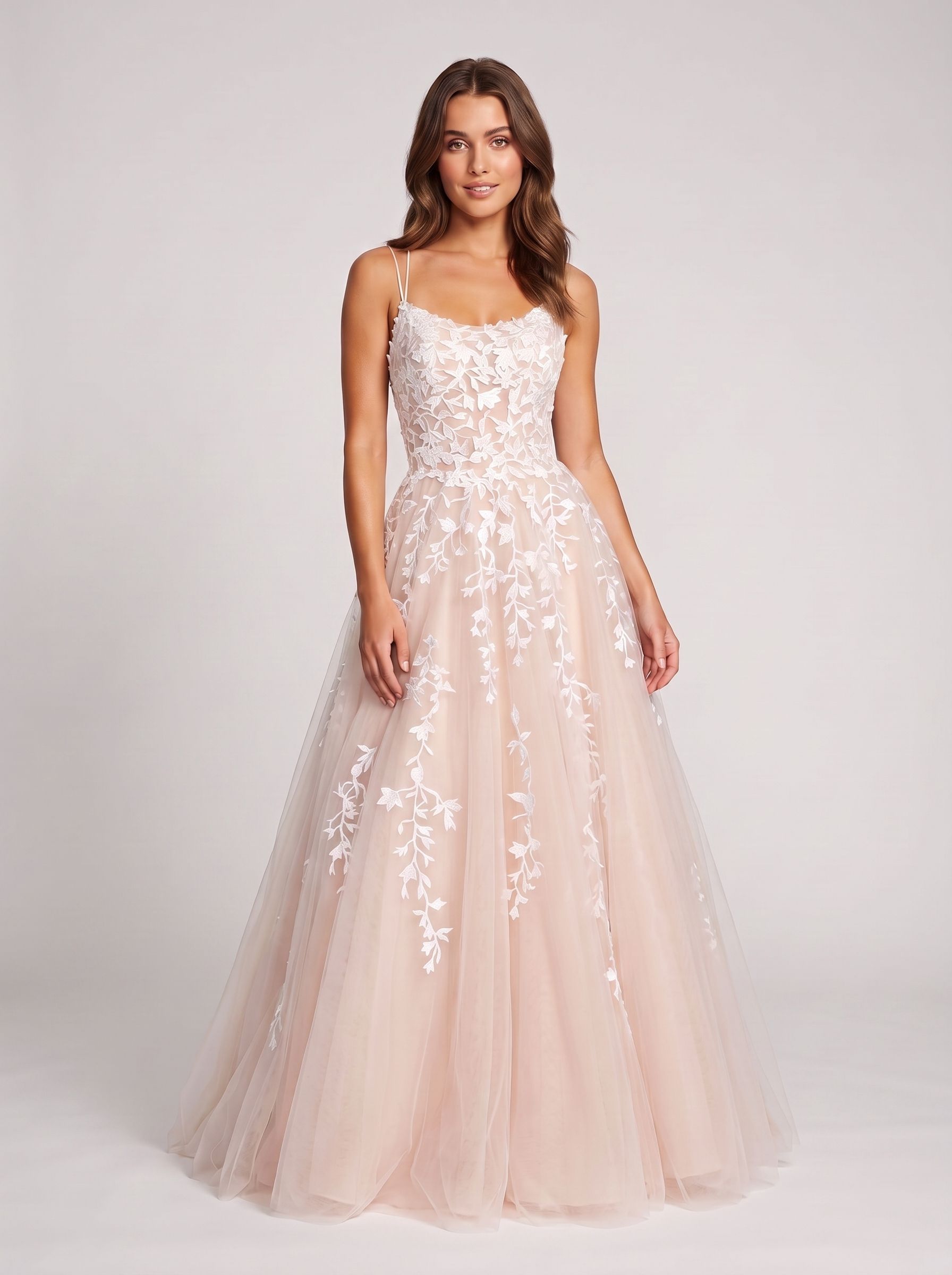 Blushing Pink Tulle A-Line Scoop Neck Lace-up Floor-Length Dress with Ruching