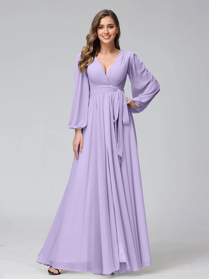 Chiffon Long-Sleeve Deep V-Neck Self-Tie Waist A-Line Floor-Length Soft Mint Bridesmaid Dresses