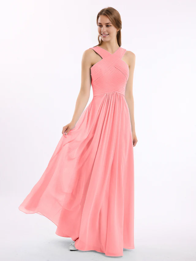 Chiffon Cross-Back Sleeveless Ruched Bodice A-Line Floor-Length Bridesmaid Dresses