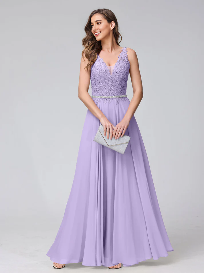 Chiffon Spaghetti-Strap V-Neck Embellished Bodice A-Line Floor-Length Elegant Bridesmaid Dress