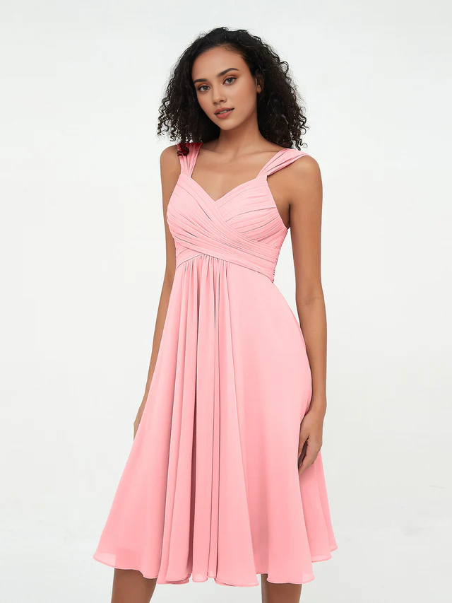 Chiffon Spaghetti-Strap Sweetheart Neckline Ruched Bodice Tea-Length A-Line Bridesmaid Dresses