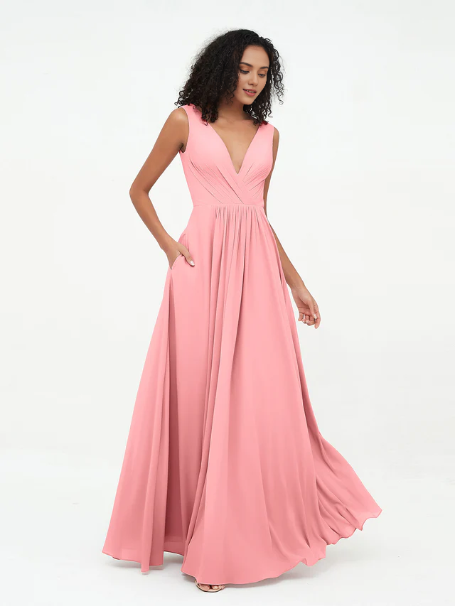 Chiffon Spaghetti-Strap Deep V-Neck Pocketed A-Line Floor-Length Bridesmaid Dresses