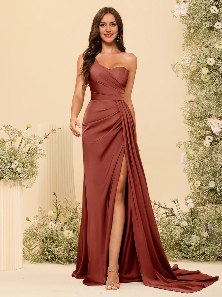 Satin Sweetheart Neckline Ruched Bodice High-Slit Sheath Train Floor-Length Bridesmaid Dresses