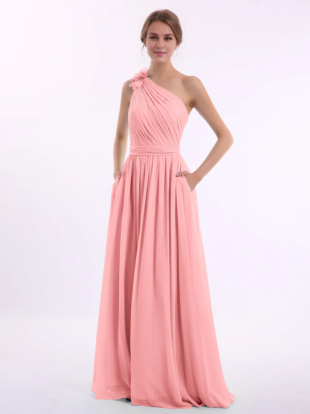 Chiffon One-Shoulder Ruched Bodice Pocketed A-Line Floor-Length Bridesmaid Dresses