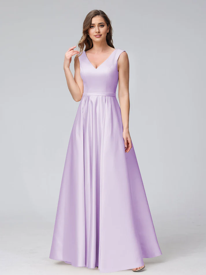 Satin V-Neck Sleeveless A-Line Floor-Length Elegant Bridesmaid Dress