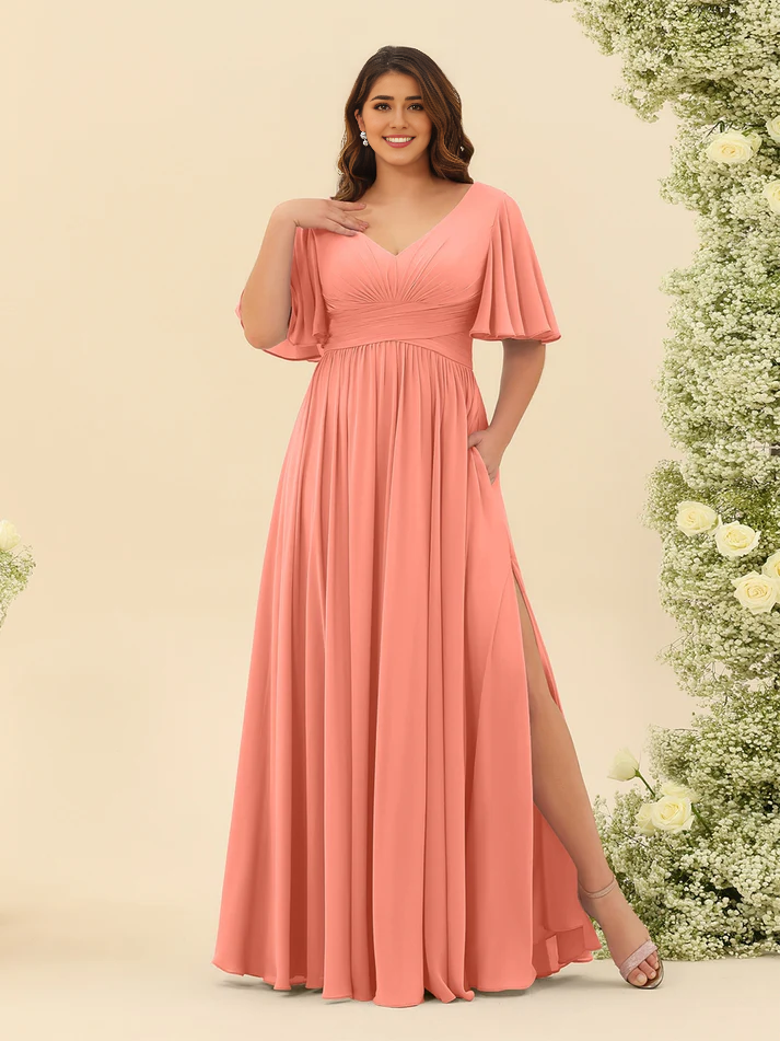 Chiffon Short-Sleeve V-Neck Ruched Bodice High-Slit A-Line Floor-Length Comfortable Bridesmaid Dress