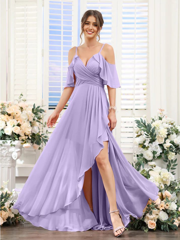 Chiffon Cold-Shoulder Spaghetti-Strap Ruched Bodice High-Low Floor-Length Romantic Bridesmaid Dress