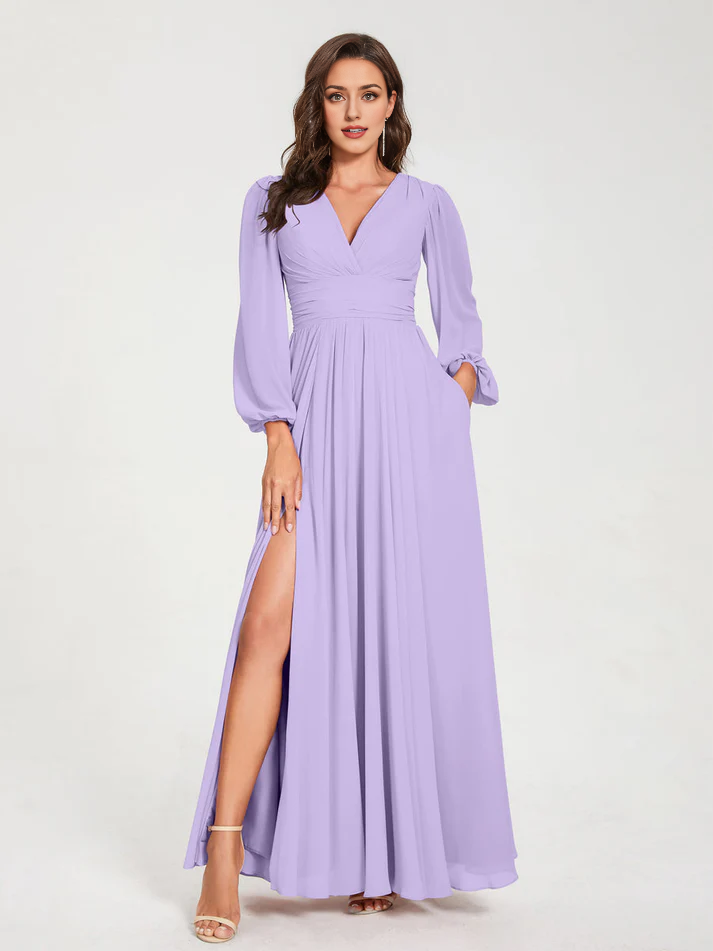 Chiffon Puff-Sleeve V-Neck Ruched Bodice High-Slit A-Line Floor-Length Bridesmaid Dresses