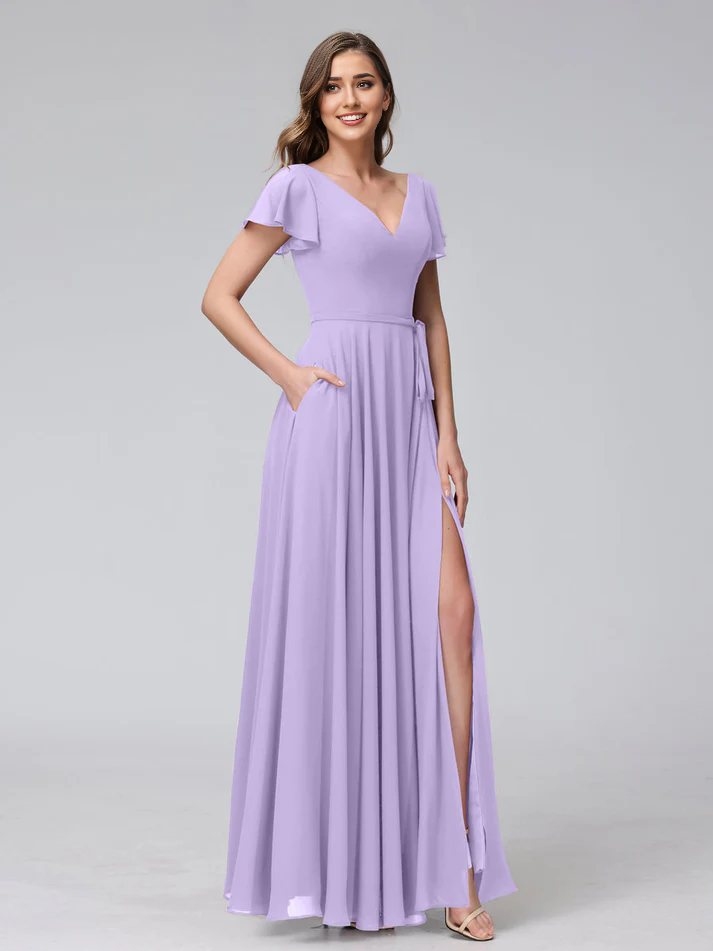 Satin Short-Sleeve V-Neck Ruched Bodice High-Slit A-Line Floor-Length Burgundy Romantic Bridesmaid Dress