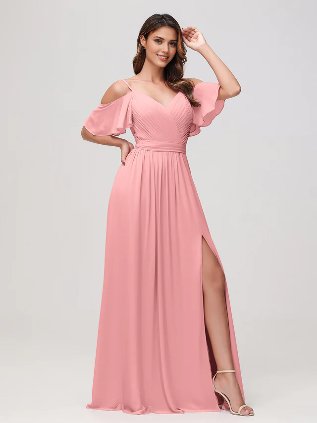 Chiffon Off-Shoulder V-Neck Ruched Bodice High-Slit A-Line Floor-Length Bridesmaid Dresses