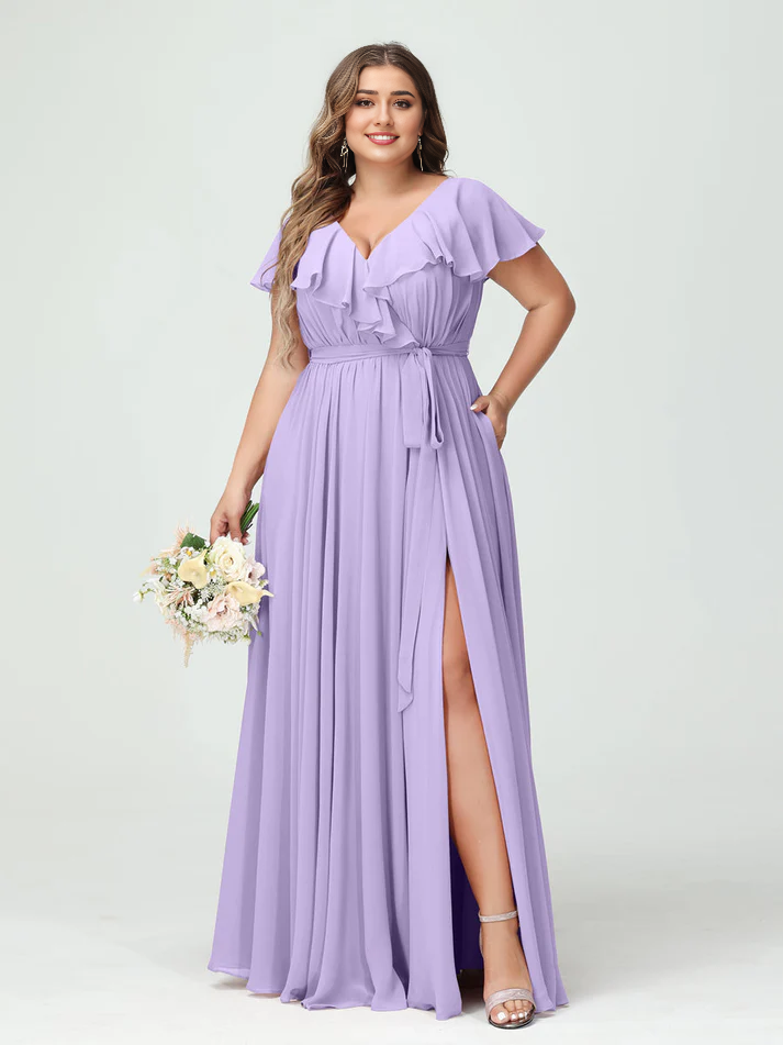 Chiffon Flutter-Sleeve V-Neck Pleated Bodice High-Slit A-Line Floor-Length Romantic Bridesmaid Dress