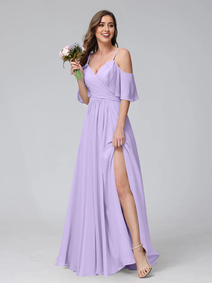Chiffon Cold-Shoulder V-Neck Ruched Bodice High-Slit A-Line Floor-Length Romantic Bridesmaid Dress