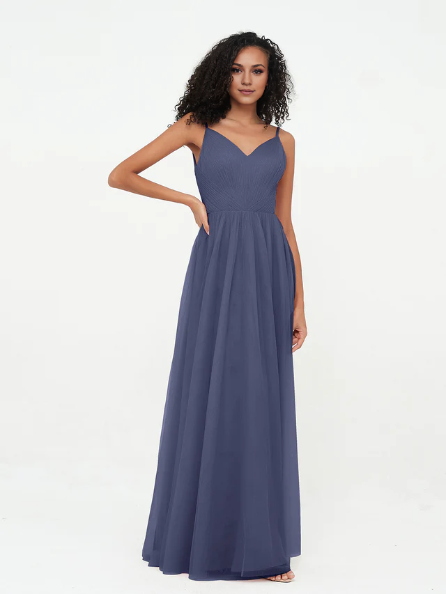 Chiffon Spaghetti-Strap V-Neck Ruched Bodice A-Line Floor-Length Bridesmaid Dresses