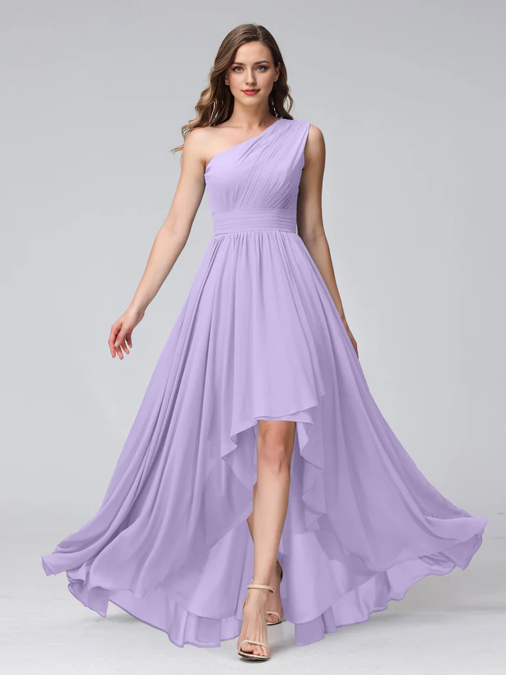 Chiffon One-Shoulder Ruched Bodice Asymmetrical High-Low A-Line Floor-Length Dusty Blue Bridesmaid Dresses